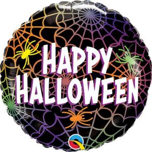 Balon foliowy 18" QL RND "Happy Halloween" (kolorowa pajęczyna)