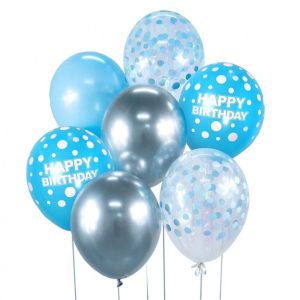Bukiet balonowy B&C srebrno-niebieski Happy Birthday, 7 szt
