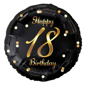 Balon foliowy B&C Happy 18 Birthday, czarny, nadruk złoty 18